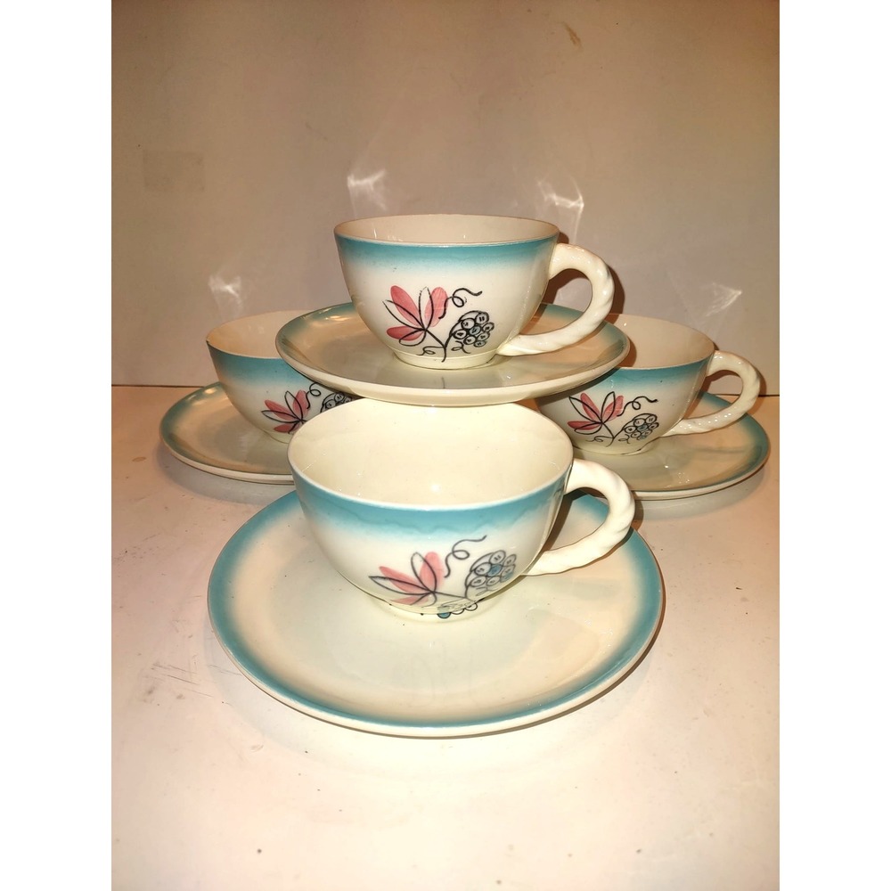 Vintage Southern Pottery Tea Cups & Saucers Rare Chantilly Set of 4 Floral Cups